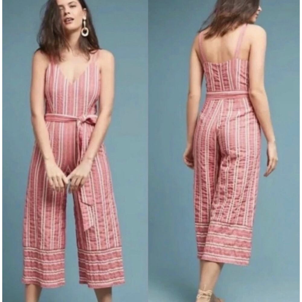 Anthropologie Ett:twa Robin Cropped Jumpsuit Striped Seersucker Coral Size Small
